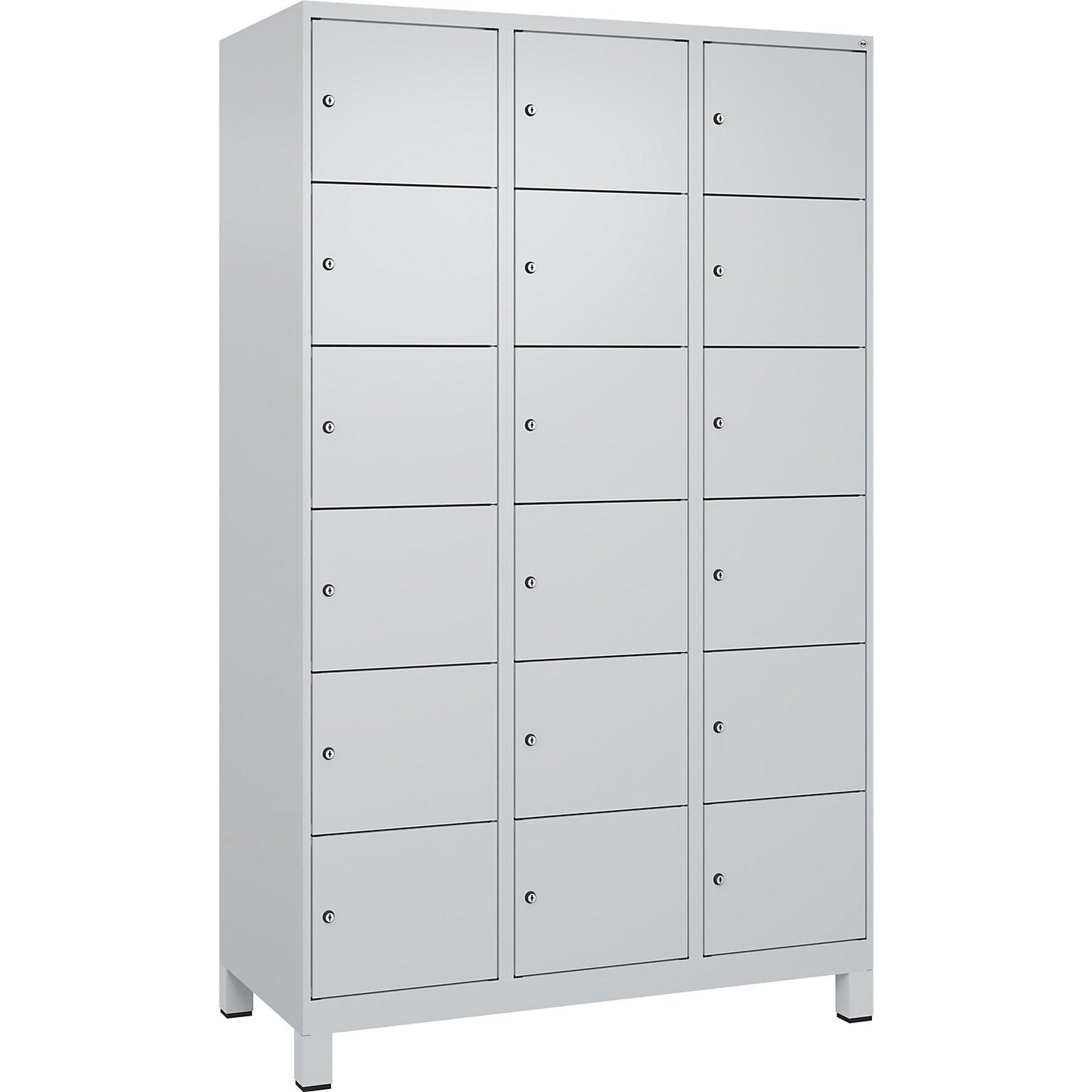 Evolo PLUS 6-fold compartment locker, 3 compartments, light grey, W 1200 mm, 18 compartments, with wide feet, cylinder lock.