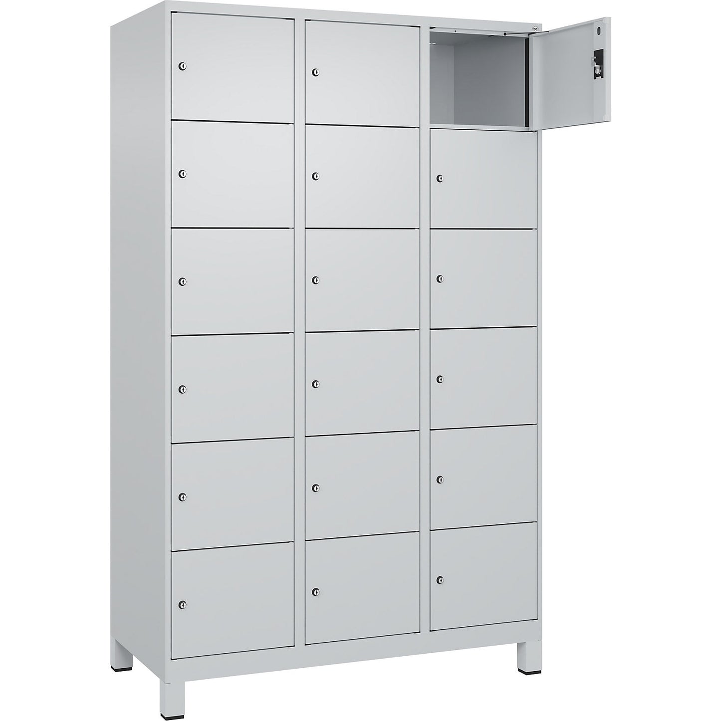 Evolo PLUS 6-fold compartment locker, 3 compartments, light grey, W 1200 mm, 18 compartments, with wide feet, cylinder lock.