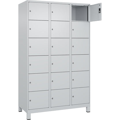 Evolo PLUS 6-fold compartment locker, 3 compartments, light grey, W 1200 mm, 18 compartments, with wide feet, cylinder lock.