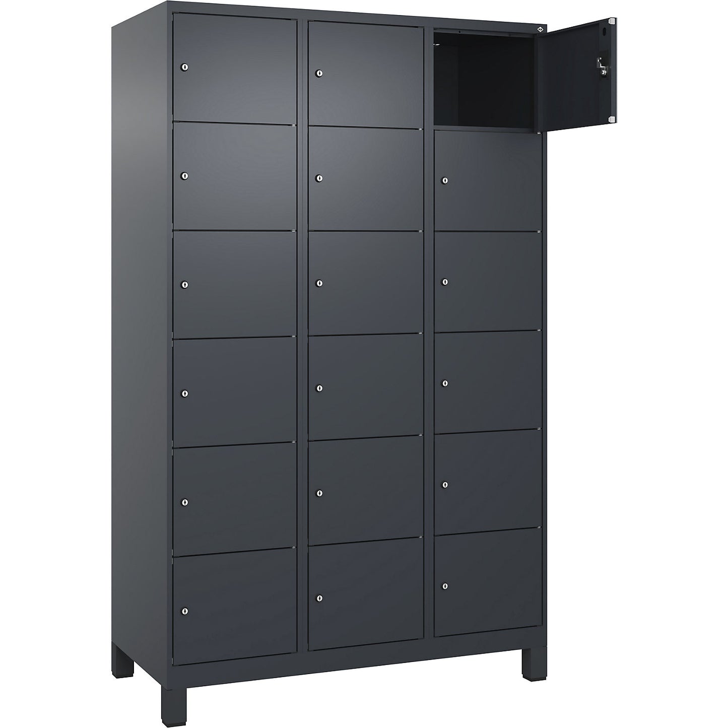 Evolo PLUS 6-fold compartment locker, 3 compartments, grey, W 1200 mm, 18 compartments, with wide feet, cylinder lock.