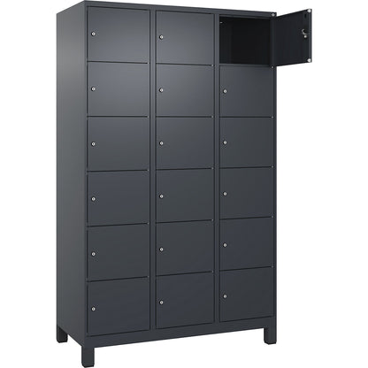 Evolo PLUS 6-fold compartment locker, 3 compartments, grey, W 1200 mm, 18 compartments, with wide feet, cylinder lock.