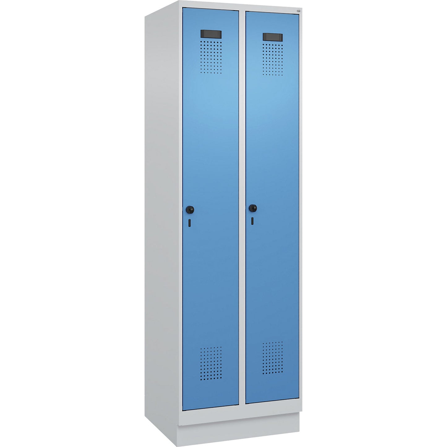 Evolo PLUS clean and dirty clothes locker, narrow, 2 compartments, shortened centre divider, light grey / light blue, W 600 mm, with base plinth, security rotary bolt.