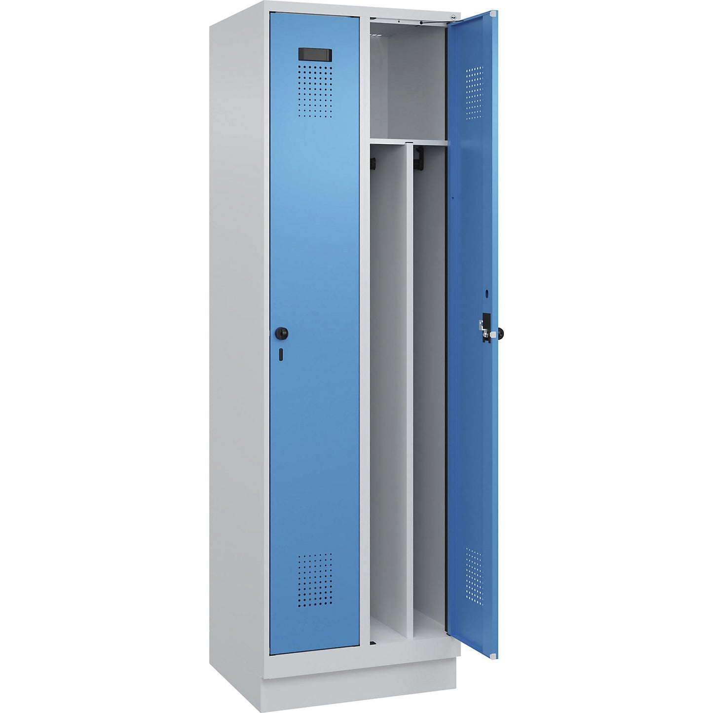 Evolo PLUS clean and dirty clothes locker, narrow, 2 compartments, shortened centre divider, light grey / light blue, W 600 mm, with base plinth, security rotary bolt.