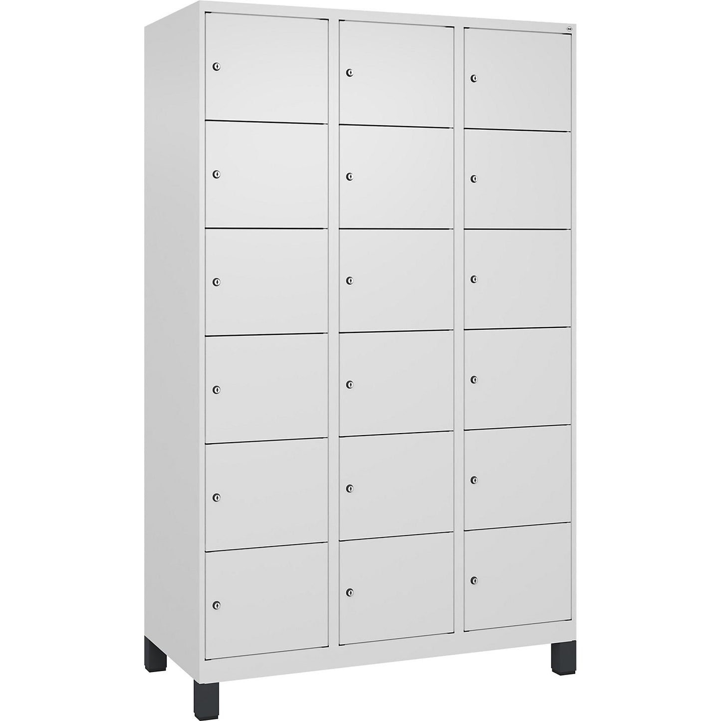 Evolo PLUS 6-fold compartment locker, 3 compartments, white, W 1200 mm, 18 compartments, with wide feet, cylinder lock.
