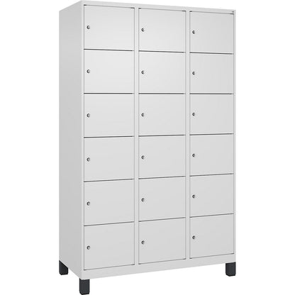 Evolo PLUS 6-fold compartment locker, 3 compartments, white, W 1200 mm, 18 compartments, with wide feet, cylinder lock.