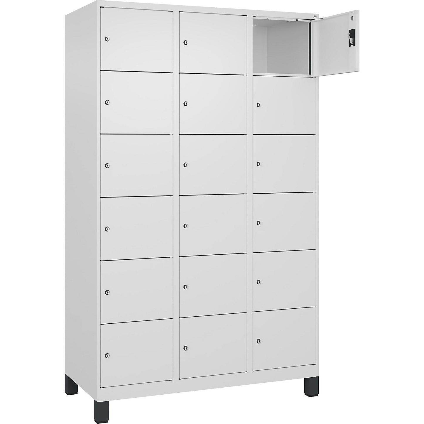 Evolo PLUS 6-fold compartment locker, 3 compartments, white, W 1200 mm, 18 compartments, with wide feet, cylinder lock.