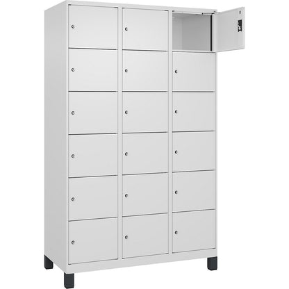 Evolo PLUS 6-fold compartment locker, 3 compartments, white, W 1200 mm, 18 compartments, with wide feet, cylinder lock.