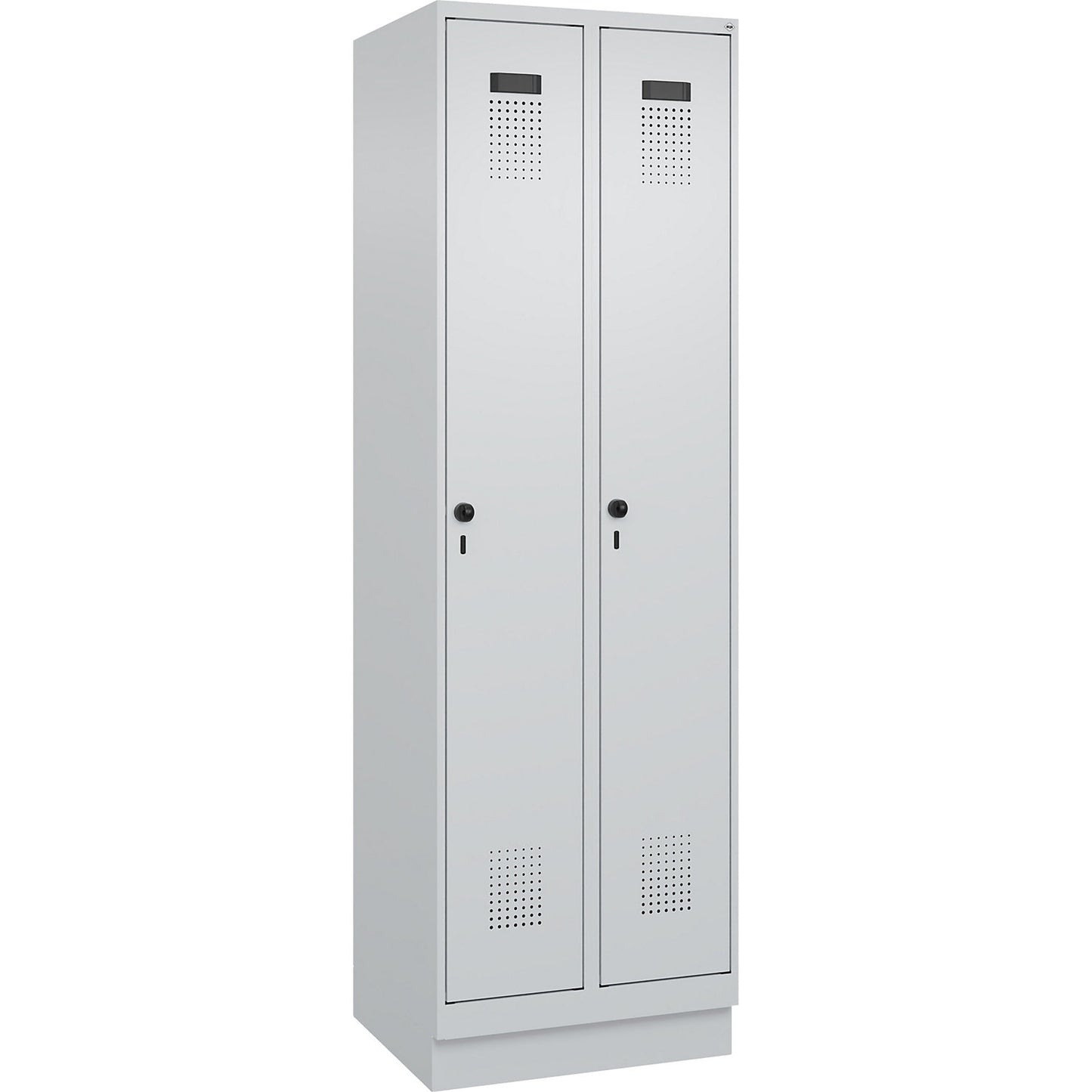 Evolo PLUS clean and dirty clothes locker, narrow, 2 compartments, shortened centre divider, light grey, W 600 mm, with base plinth, security rotary bolt.