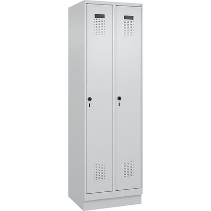Evolo PLUS clean and dirty clothes locker, narrow, 2 compartments, shortened centre divider, light grey, W 600 mm, with base plinth, security rotary bolt.