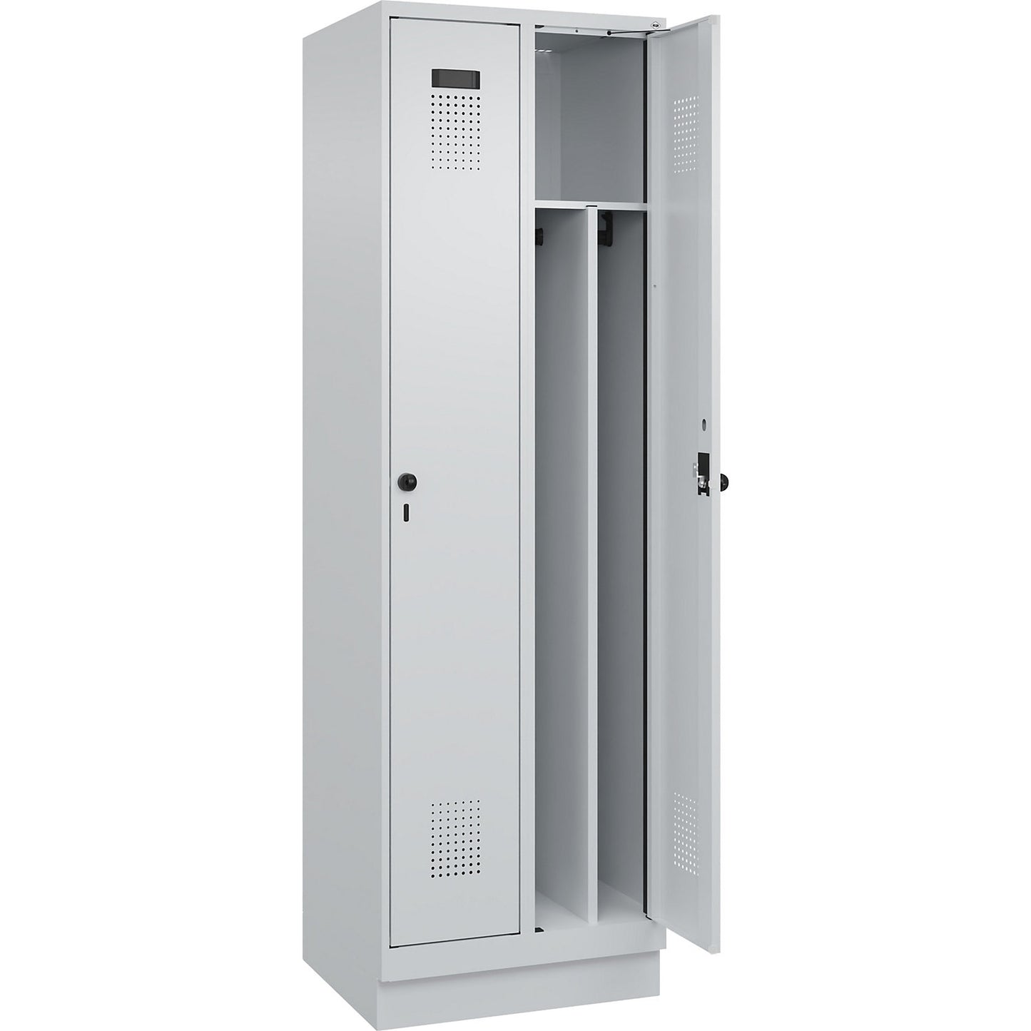 Evolo PLUS clean and dirty clothes locker, narrow, 2 compartments, shortened centre divider, light grey, W 600 mm, with base plinth, security rotary bolt.