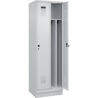 Evolo PLUS clean and dirty clothes locker, narrow, 2 compartments, shortened centre divider, light grey, W 600 mm, with base plinth, security rotary bolt.