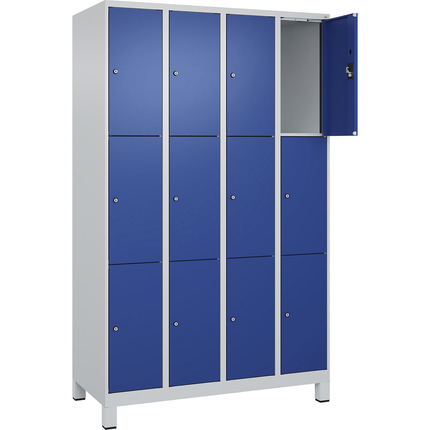 Evolo PLUS 3-fold compartment locker, 4 compartments, light grey / gentian blue, W 1200 mm, 12 compartments, with wide feet, cylinder lock.