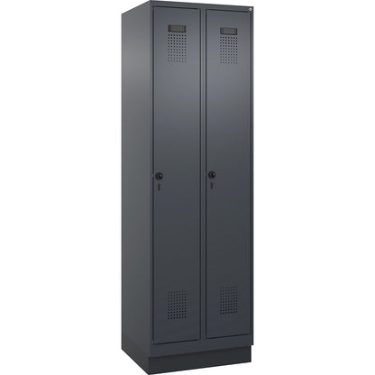 Evolo PLUS clean and dirty clothes locker, narrow, 2 compartments, shortened centre divider, grey, W 600 mm, with base plinth, security rotary bolt.