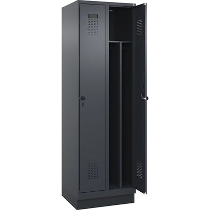 Evolo PLUS clean and dirty clothes locker, narrow, 2 compartments, shortened centre divider, grey, W 600 mm, with base plinth, security rotary bolt.