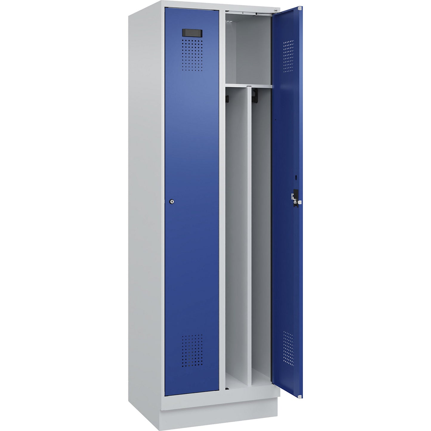 Evolo PLUS clean and dirty clothes locker, narrow, 2 compartments, shortened centre divider, light grey / gentian blue, W 600 mm, with base plinth, cylinder lock.