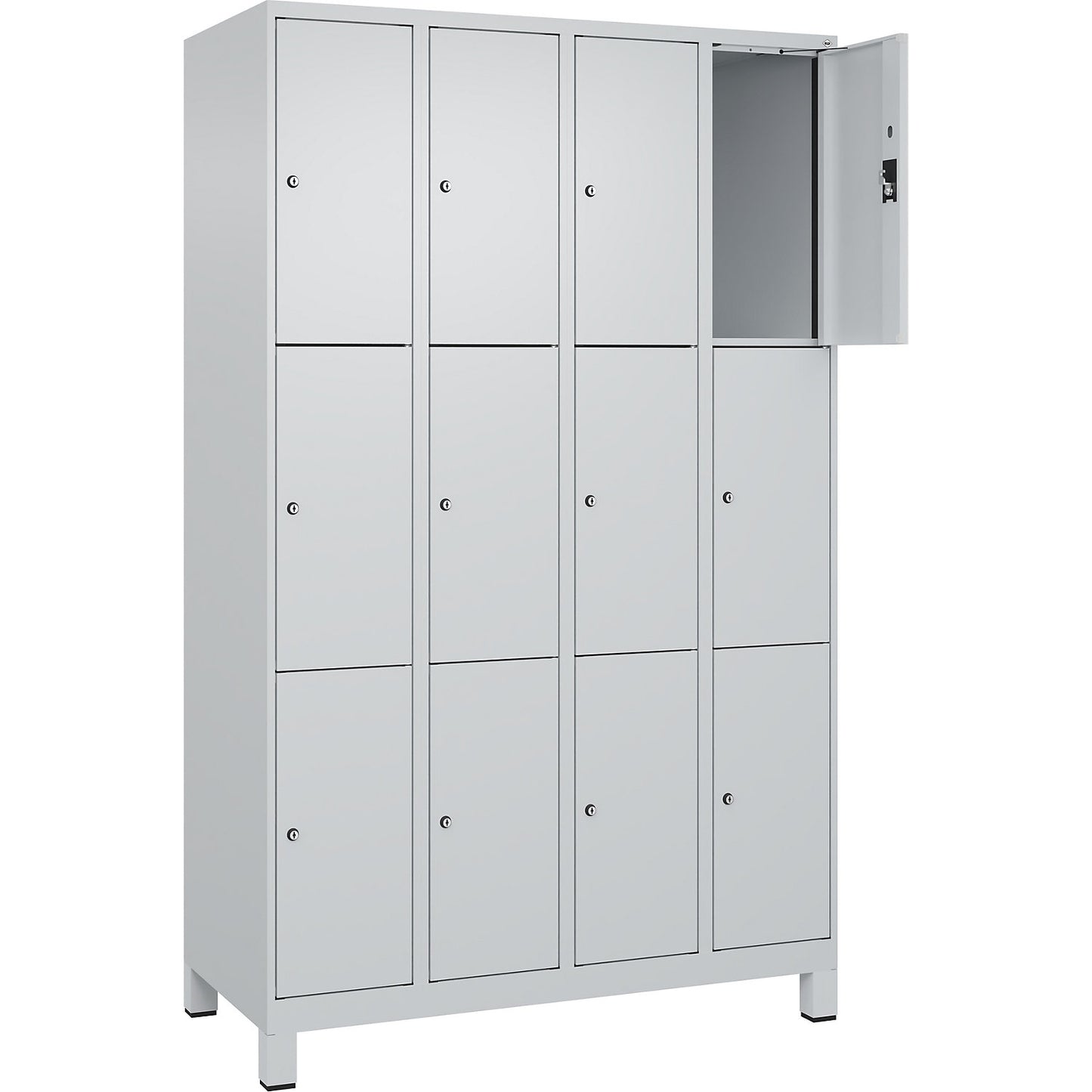 Evolo PLUS 3-fold compartment locker, 4 compartments, light grey, W 1200 mm, 12 compartments, with wide feet, cylinder lock.