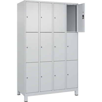 Evolo PLUS 3-fold compartment locker, 4 compartments, light grey, W 1200 mm, 12 compartments, with wide feet, cylinder lock.