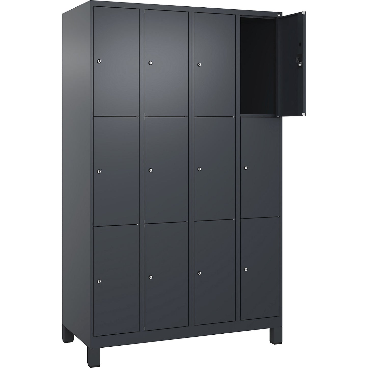 Evolo PLUS 3-fold compartment locker, 4 compartments, grey, W 1200 mm, 12 compartments, with wide feet, cylinder lock.
