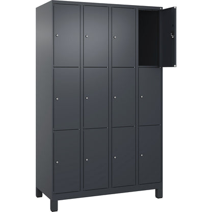 Evolo PLUS 3-fold compartment locker, 4 compartments, grey, W 1200 mm, 12 compartments, with wide feet, cylinder lock.