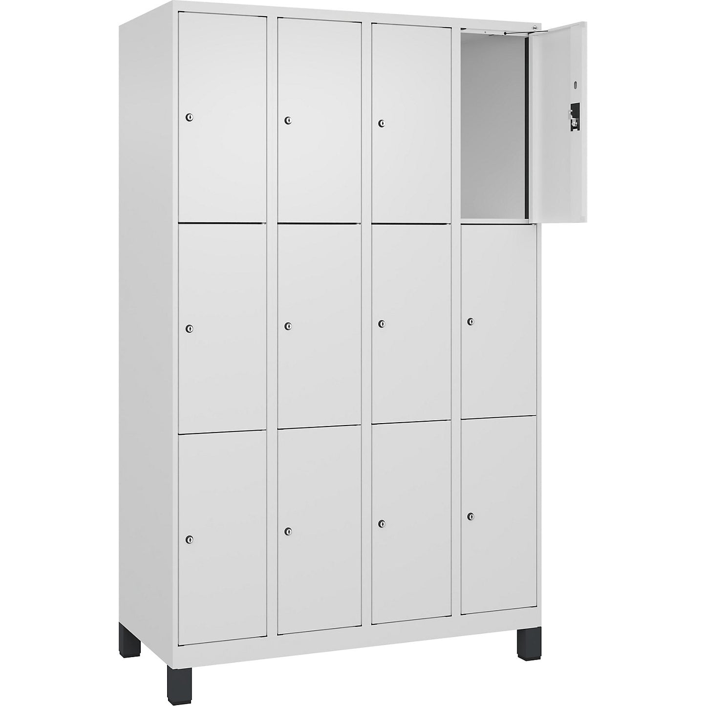 Evolo PLUS 3-fold compartment locker, 4 compartments, white, W 1200 mm, 12 compartments, with wide feet, cylinder lock.