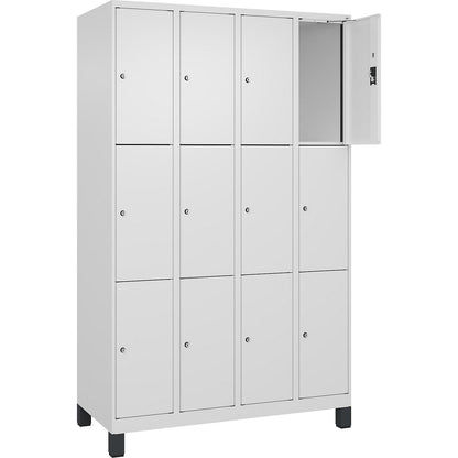 Evolo PLUS 3-fold compartment locker, 4 compartments, white, W 1200 mm, 12 compartments, with wide feet, cylinder lock.