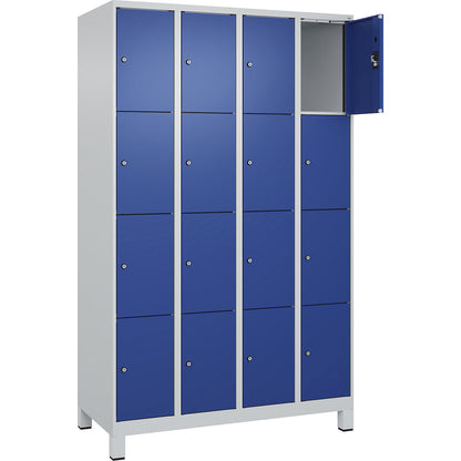 Evolo PLUS 4-fold compartment locker, 4 compartments, light grey / gentian blue, W 1200 mm, 16 compartments, with wide feet, cylinder lock.