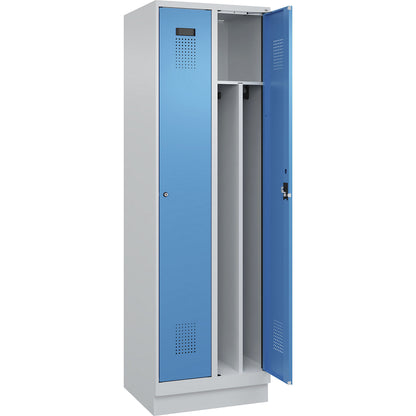 Evolo PLUS clean and dirty clothes locker, narrow, 2 compartments, shortened centre divider, light grey / light blue, W 600 mm, with base plinth, cylinder lock.