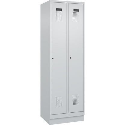 Evolo PLUS clean and dirty clothes locker, narrow, 2 compartments, shortened centre divider, light grey, W 600 mm, with base plinth, cylinder lock.