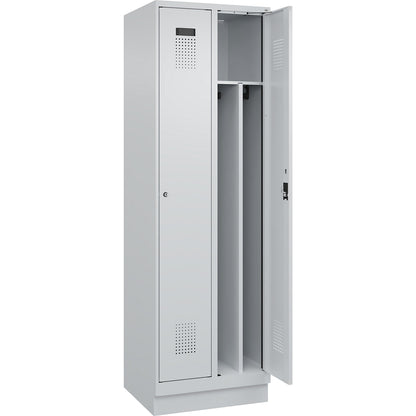 Evolo PLUS clean and dirty clothes locker, narrow, 2 compartments, shortened centre divider, light grey, W 600 mm, with base plinth, cylinder lock.