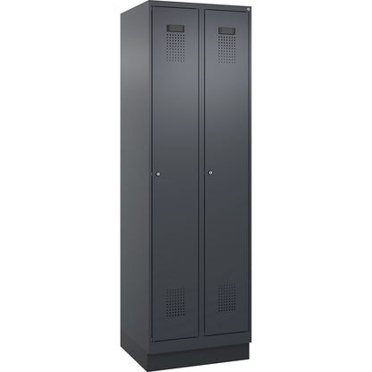 Evolo PLUS clean and dirty clothes locker, narrow, 2 compartments, shortened centre divider, grey, W 600 mm, with base plinth, cylinder lock.