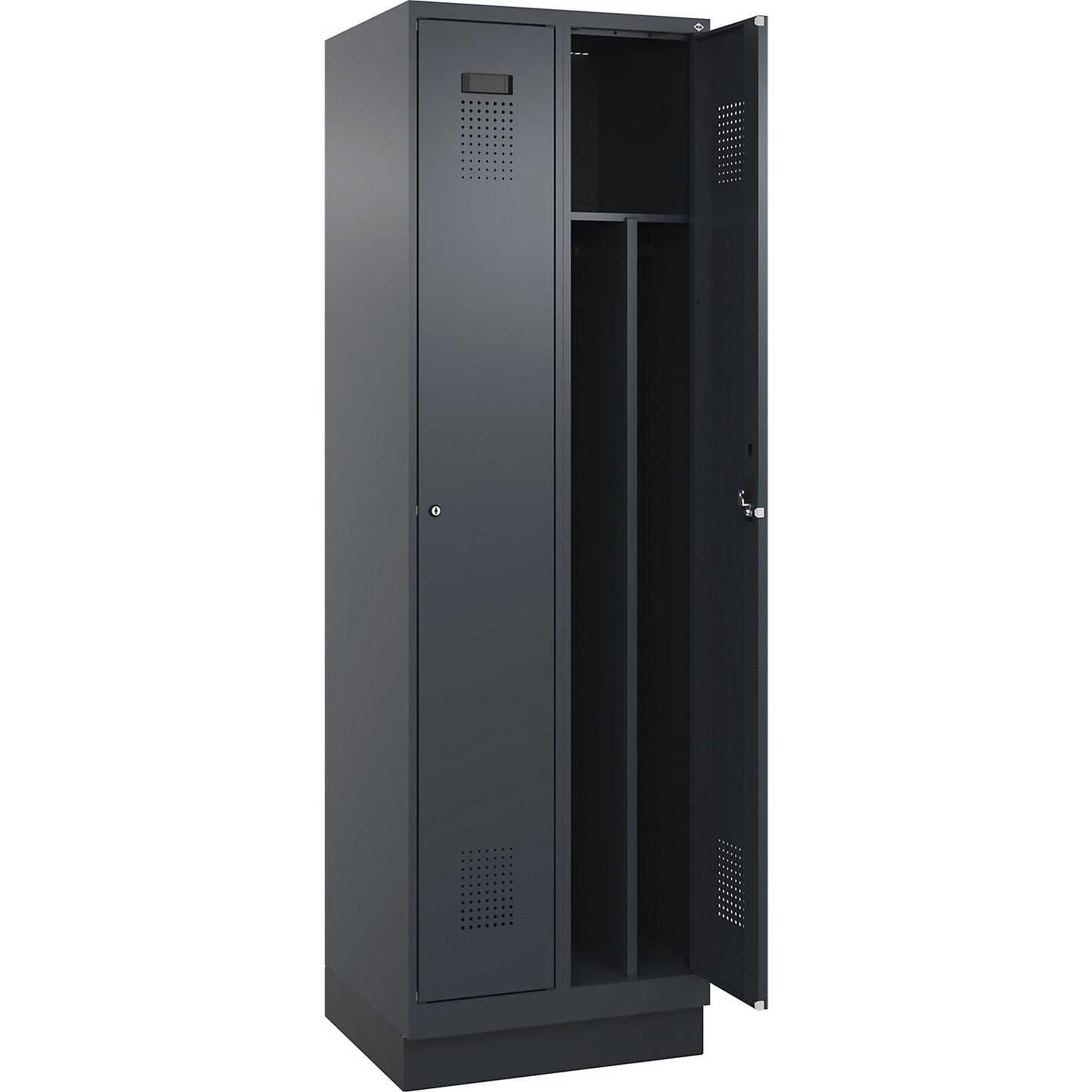 Evolo PLUS clean and dirty clothes locker, narrow, 2 compartments, shortened centre divider, grey, W 600 mm, with base plinth, cylinder lock.