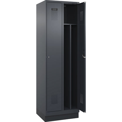 Evolo PLUS clean and dirty clothes locker, narrow, 2 compartments, shortened centre divider, grey, W 600 mm, with base plinth, cylinder lock.
