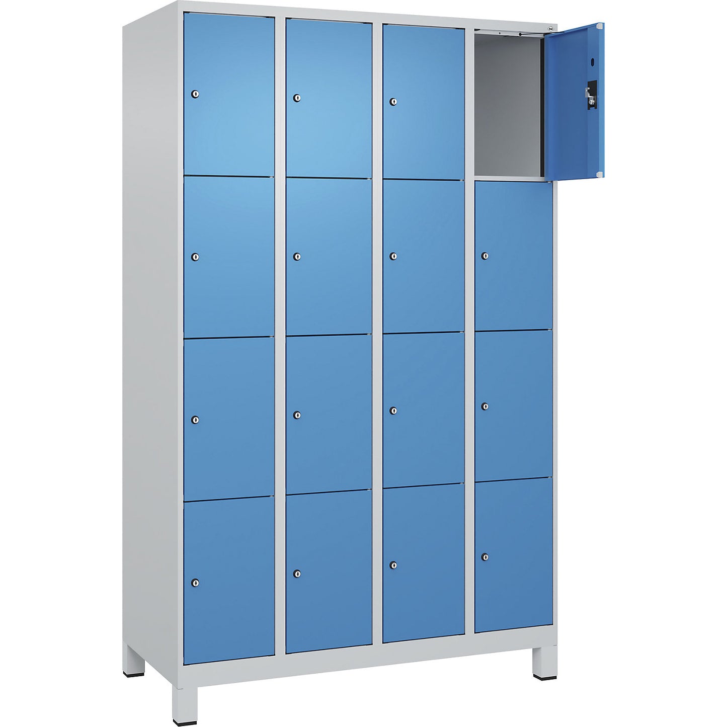 Evolo PLUS 4-fold compartment locker, 4 compartments, light grey / light blue, W 1200 mm, 16 compartments, with wide feet, cylinder lock.