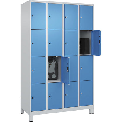 Evolo PLUS 4-fold compartment locker, 4 compartments, light grey / light blue, W 1200 mm, 16 compartments, with wide feet, cylinder lock.