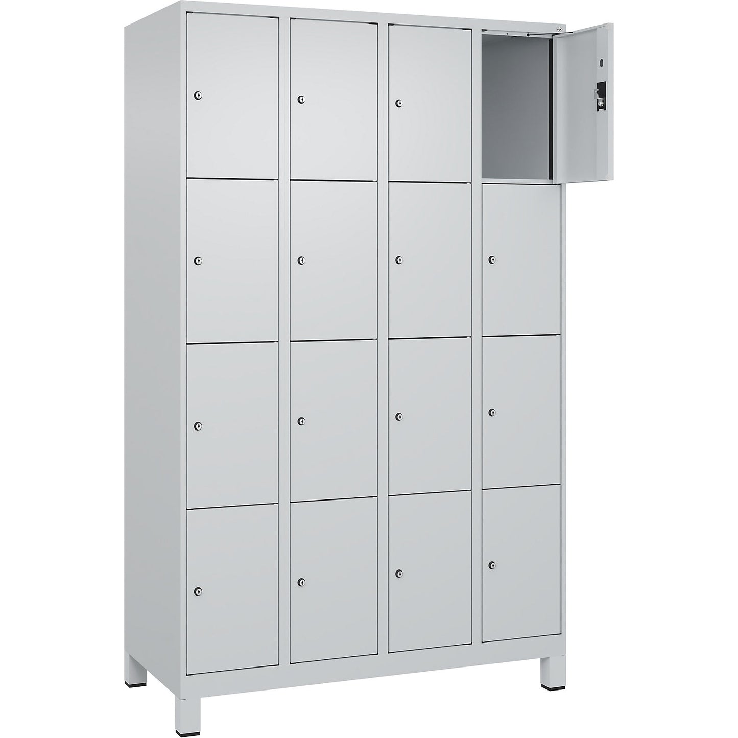 Evolo PLUS 4-fold compartment locker, 4 compartments, light grey, W 1200 mm, 16 compartments, with wide feet, cylinder lock.