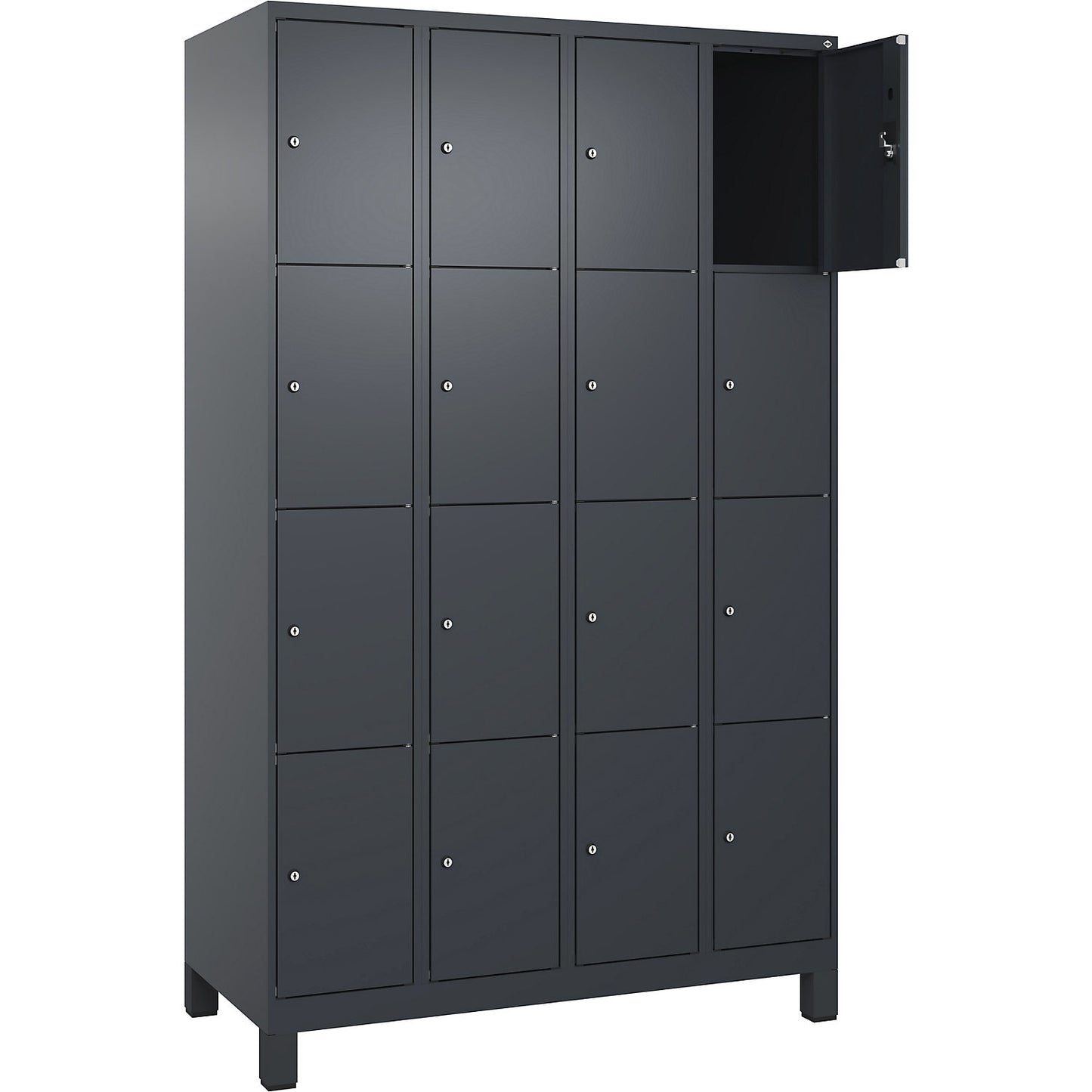 Evolo PLUS 4-fold compartment locker, 4 compartments, grey, W 1200 mm, 16 compartments, with wide feet, cylinder lock.
