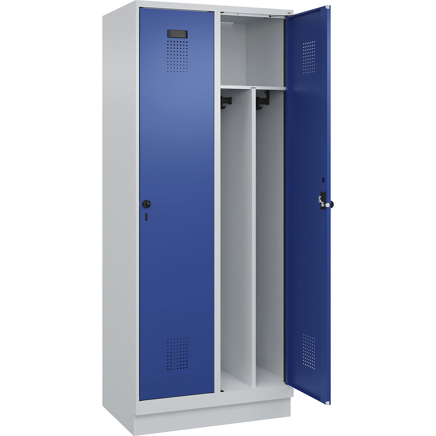 Evolo PLUS clean and dirty clothes locker, narrow, 2 compartments, shortened centre divider, light grey / gentian blue, W 800 mm, with base plinth, security rotary bolt.
