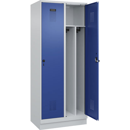 Evolo PLUS clean and dirty clothes locker, narrow, 2 compartments, shortened centre divider, light grey / gentian blue, W 800 mm, with base plinth, security rotary bolt.