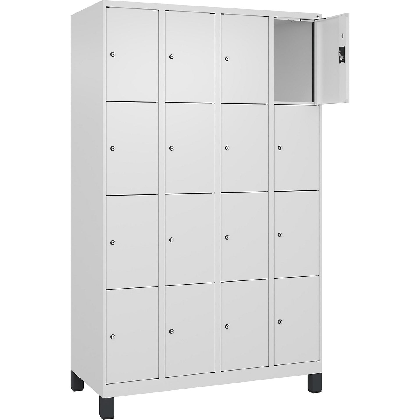 Evolo PLUS 4-fold compartment locker, 4 compartments, white, W 1200 mm, 16 compartments, with wide feet, cylinder lock.