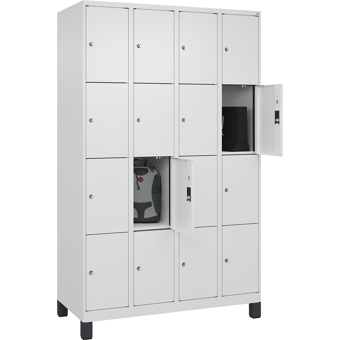 Evolo PLUS 4-fold compartment locker, 4 compartments, white, W 1200 mm, 16 compartments, with wide feet, cylinder lock.
