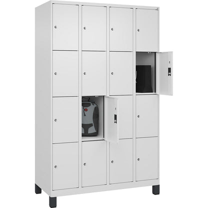 Evolo PLUS 4-fold compartment locker, 4 compartments, white, W 1200 mm, 16 compartments, with wide feet, cylinder lock.