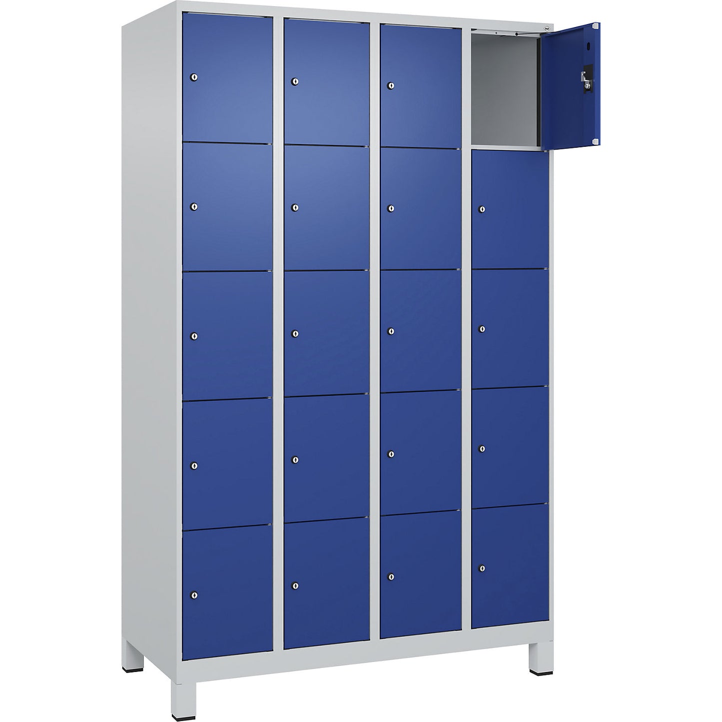 Evolo PLUS 5-fold compartment locker, 4 compartments, light grey / gentian blue, W 1200 mm, 20 compartments, with wide feet, cylinder lock.