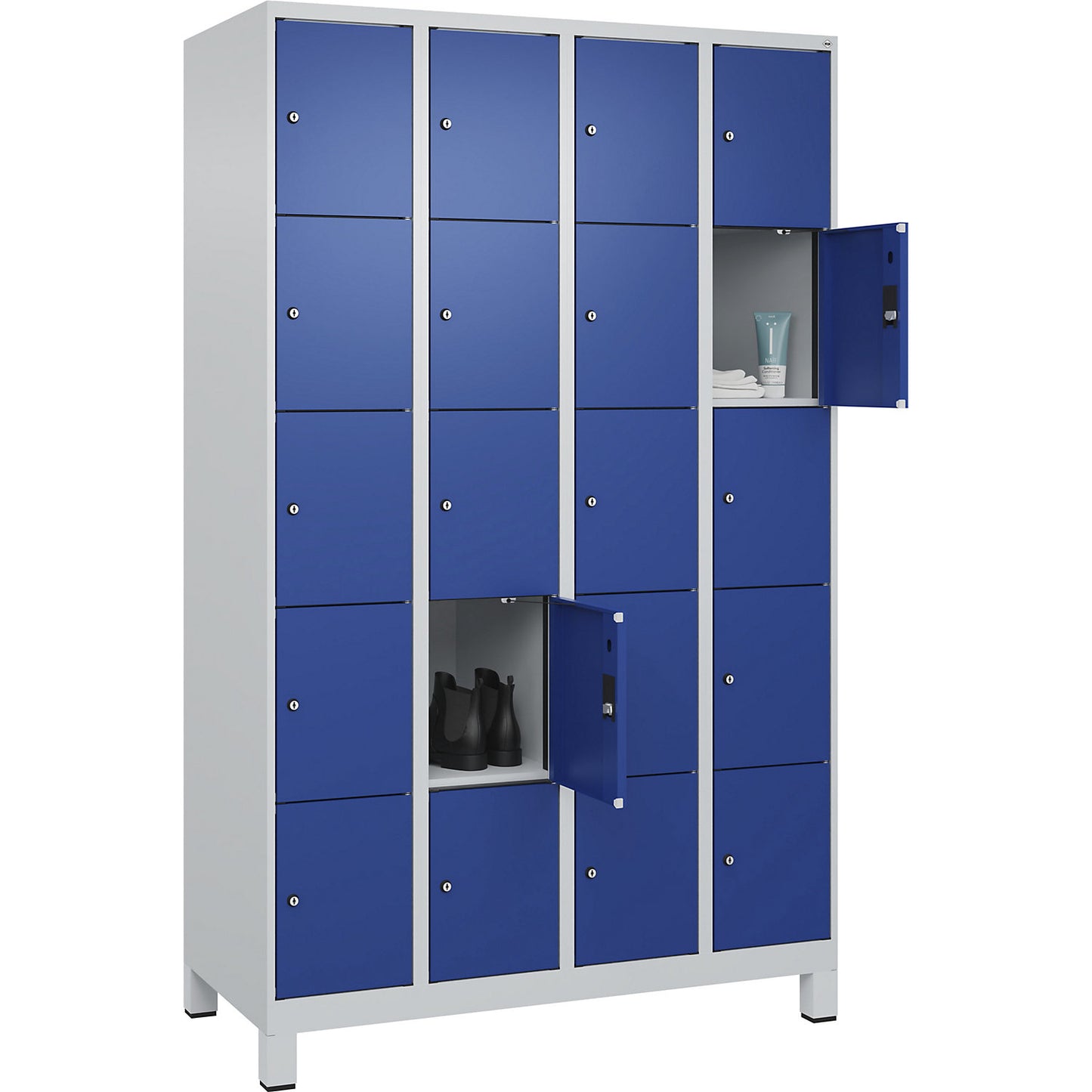 Evolo PLUS 5-fold compartment locker, 4 compartments, light grey / gentian blue, W 1200 mm, 20 compartments, with wide feet, cylinder lock.