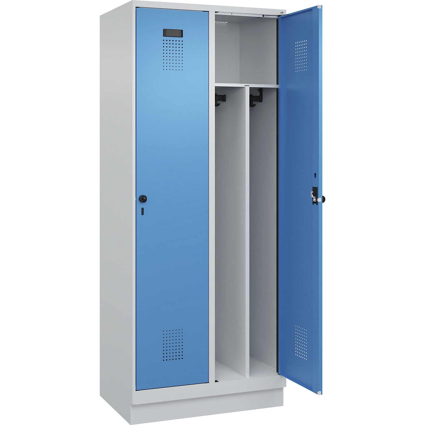 Evolo PLUS clean and dirty clothes locker, narrow, 2 compartments, shortened centre divider, light grey / light blue, W 800 mm, with base plinth, security rotary bolt.