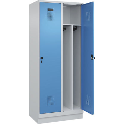 Evolo PLUS clean and dirty clothes locker, narrow, 2 compartments, shortened centre divider, light grey / light blue, W 800 mm, with base plinth, security rotary bolt.