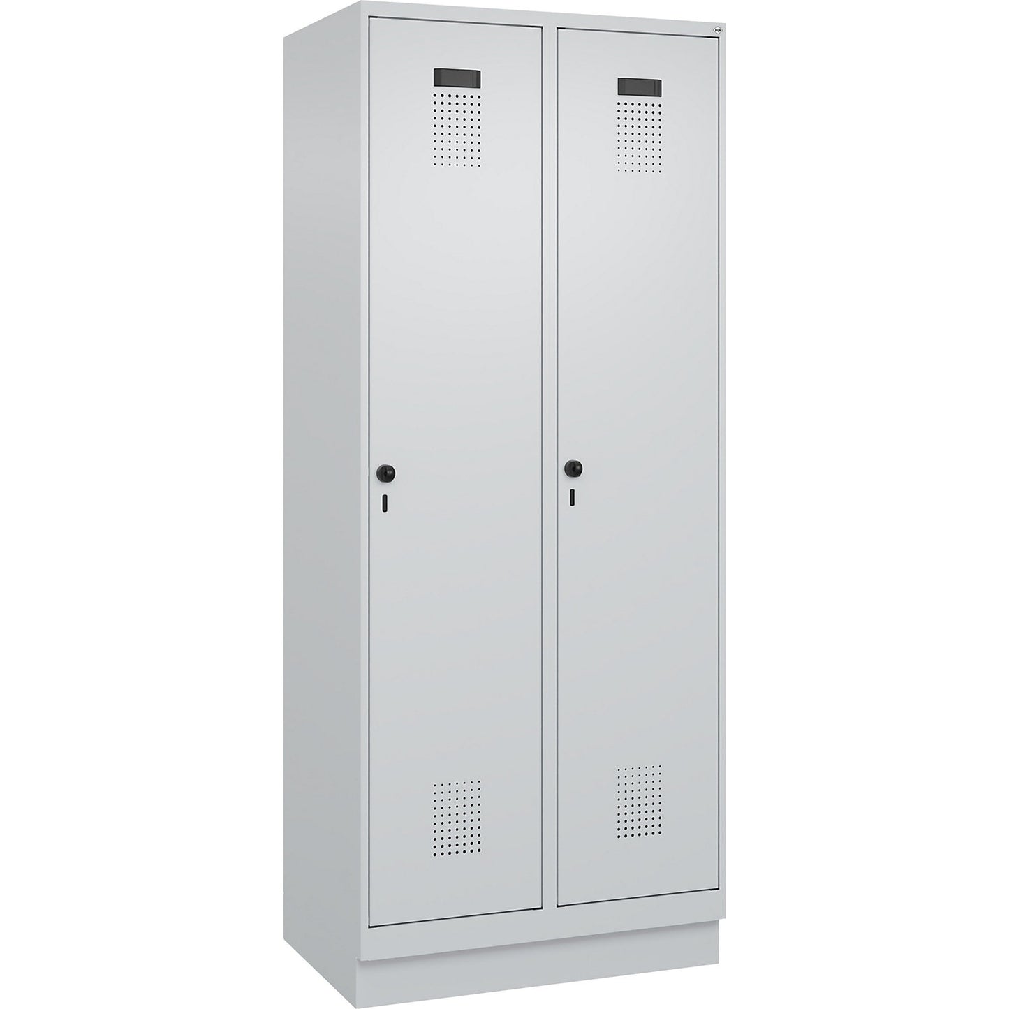 Evolo PLUS clean and dirty clothes locker, narrow, 2 compartments, shortened centre divider, light grey, W 800 mm, with base plinth, security rotary bolt.