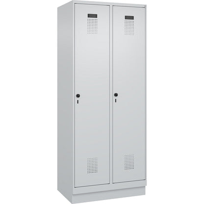 Evolo PLUS clean and dirty clothes locker, narrow, 2 compartments, shortened centre divider, light grey, W 800 mm, with base plinth, security rotary bolt.