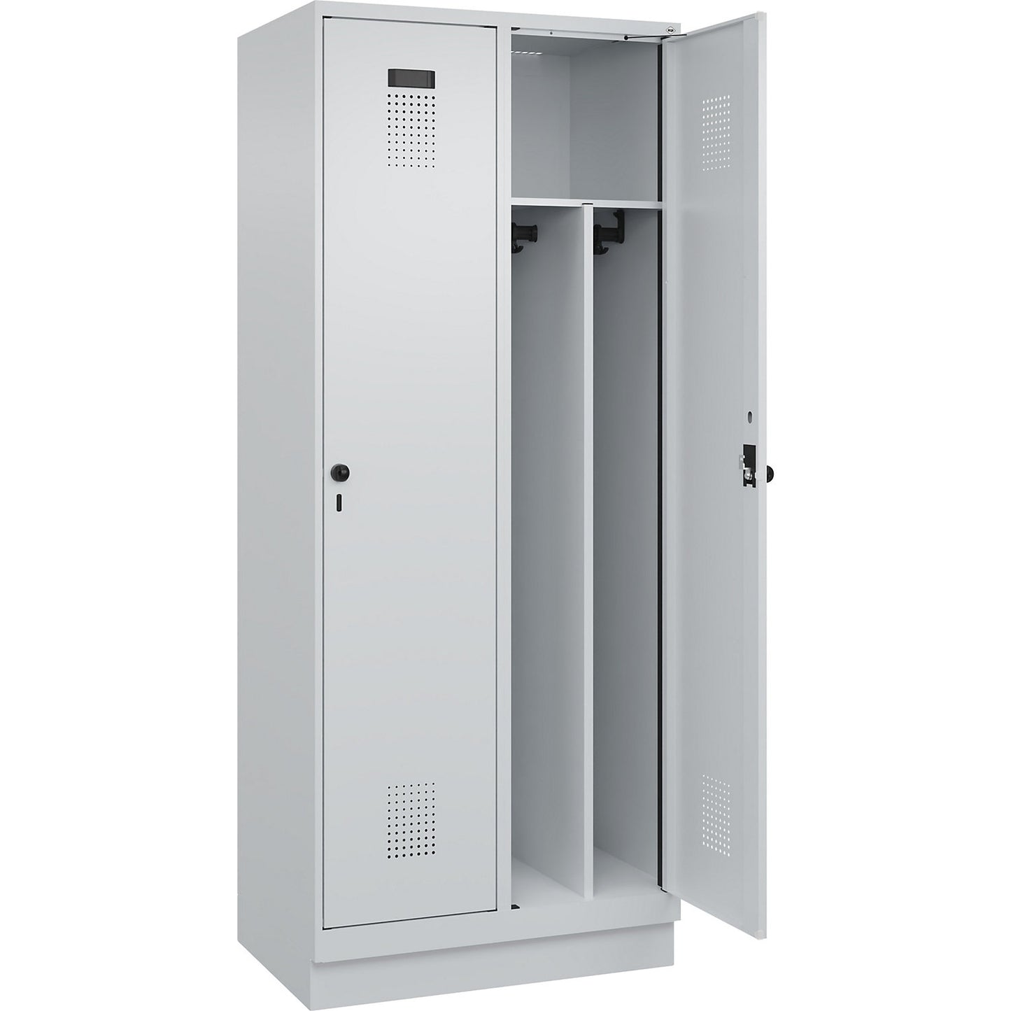Evolo PLUS clean and dirty clothes locker, narrow, 2 compartments, shortened centre divider, light grey, W 800 mm, with base plinth, security rotary bolt.