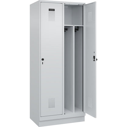 Evolo PLUS clean and dirty clothes locker, narrow, 2 compartments, shortened centre divider, light grey, W 800 mm, with base plinth, security rotary bolt.