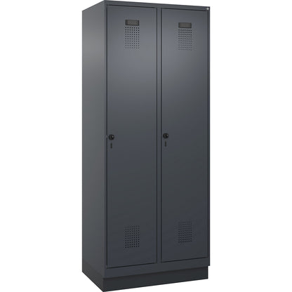 Evolo PLUS clean and dirty clothes locker, narrow, 2 compartments, shortened centre divider, grey, W 800 mm, with base plinth, security rotary bolt.